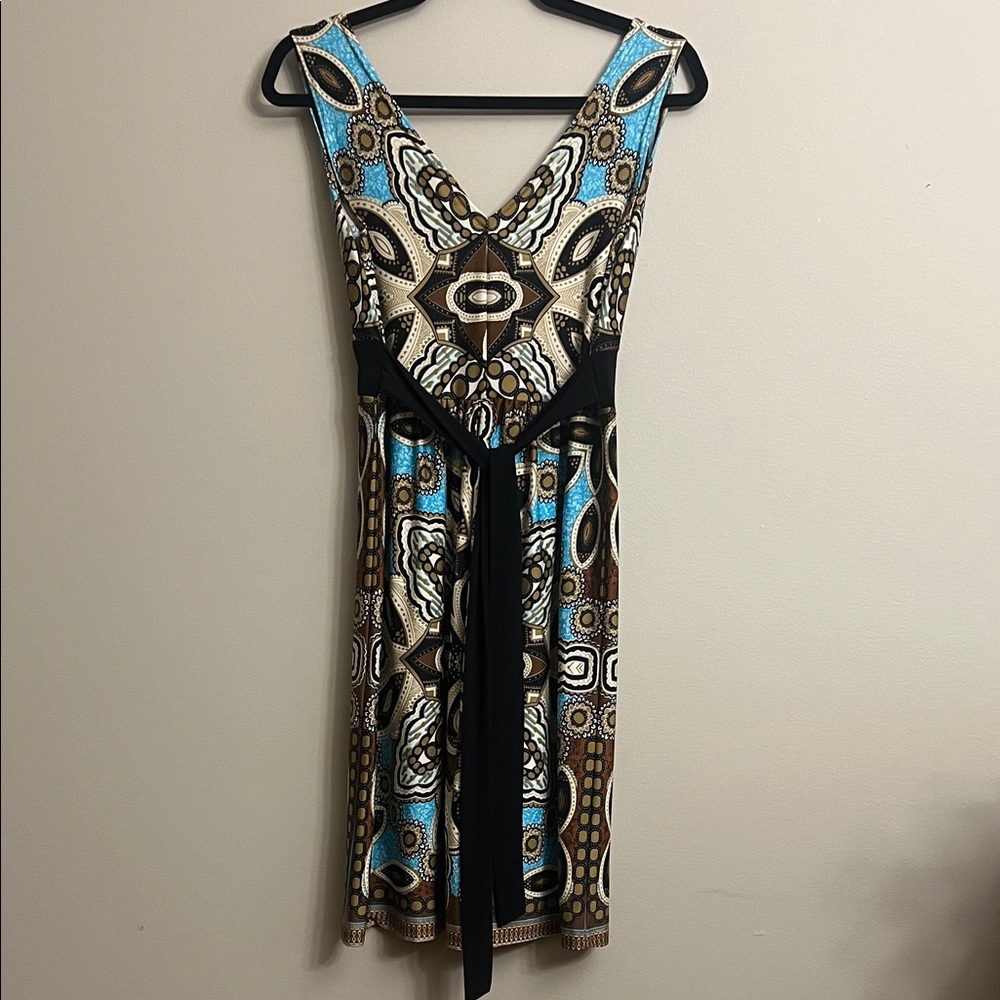 #63 Jessica Blue and Brown Patterned Midi Dress Size 8P